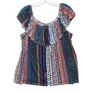 Kristin Nicole Off The Shoulder Ruffle Top Blouse XL Paisley Hippie Boho Artsy